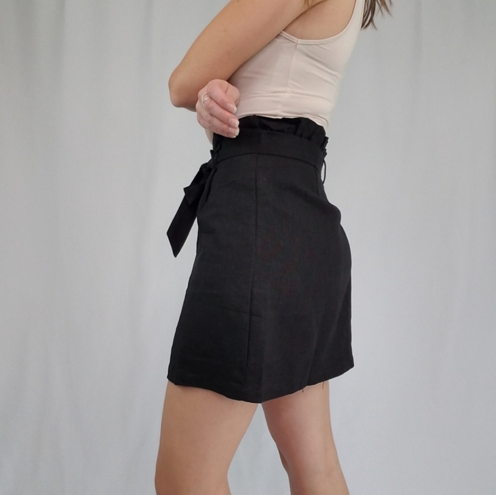 Black button front ramie cotton blend mini skirt - Picture 2 of 4